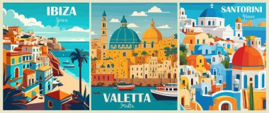 Geçmişe Yolculuk Gidiş Posterleri seti. Santorini Yunanistan, İbiza İspanya, Valetta Malta baskıları. Avrupa yaz tatili, Akdeniz bayramı konsepti. Vintage vektör renkli çizimler.