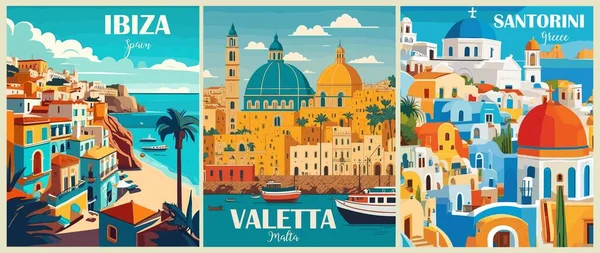 Állítsa Travel Destination Plakátok Retro Stílusban Santorini Görögország Ibiza Spanyolország — Stock Vector