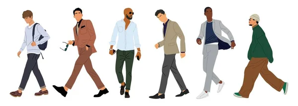 一组不同的商人一边走一边看前面看 穿着正式而聪明的休闲装的时髦男人 商务时尚的样子 卡通人物矢量真实感图解孤立 — 图库矢量图片