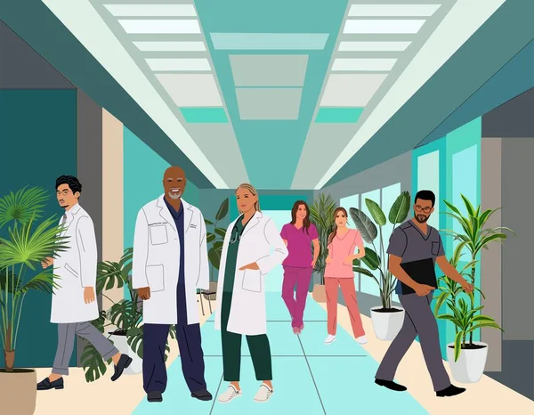 Equipo Trabajadores Médicos Médicos Enfermeras Caminando Pie Moderno Pasillo Del — Vector de stock