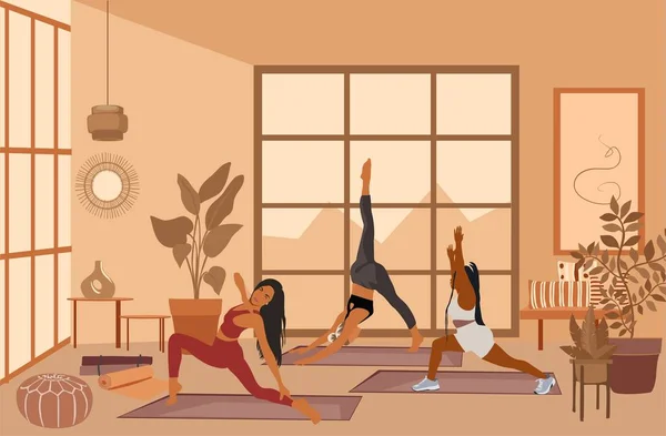 Clase Yoga Interior Moderno Estilo Japandi Diferentes Chicas Deportivas Practicando — Vector de stock