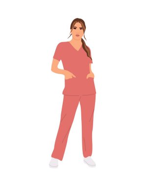 Genç çekici hemşire. Şeftali üniformalı güzel bir doktor. Çizgi film kadın karakter vektörü gerçekçi illüstrasyon beyaz arka planda izole.