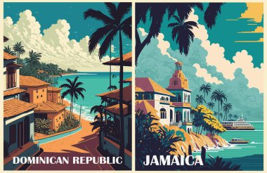 Puerto Plata, Dominik Cumhuriyeti, Montego Körfezi, Jamaika Seyahat Varış Yeri Posteri. Tropik yaz tatili, egzotik tatil konsepti. Vintage vektör renkli illüstrasyon sahnesi.