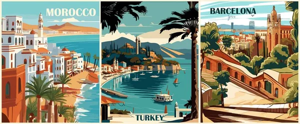 Állítsa Travel Destination Plakátok Retro Stílusban Marokkó Törökország Barcelona Spanyolország — Stock Vector