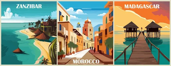 Állítsa Travel Destination Plakátok Retro Stílusban Marokkó Madagaszkár Zanzibár Afrika — Stock Vector