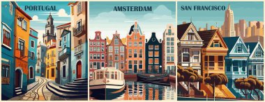 Geçmişe Yolculuk Gidiş Posterleri seti. Portekiz, Amsterdam, Hollanda, San Francisco, ABD baskıları. Uluslararası yaz tatili, tatil konsepti. Vintage vektör renkli çizimler.