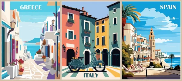 Állítsa Travel Destination Plakátok Retro Stílusban Görögország Olaszország Spanyolország Nyomtat — Stock Vector