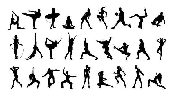 Collection of different men and women performing various sports activities silhouettes. Bundle of training, exercising people black vector illustrations isolated on white background. Avatars, icons.