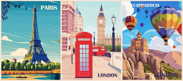 Állítsa Travel Destination Plakátok Retro Stílusban Párizs Franciaország London Anglia — Stock Vector