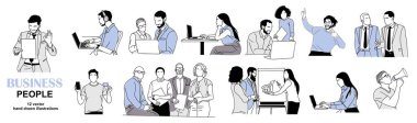 İş adamlarının ve kadınların çalıştığı, görüştüğü, konuştuğu, iş faaliyetlerinde yer aldığı bir dizi çizim. Grafik ve web tasarımı için vektör basit taslak çizimi. Beyaz arkaplanda izole.