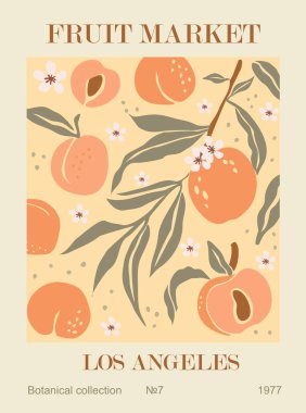 Soyut Fruit Market Los Angeles retro posteri. Danimarka pastel renklerinde şeftali desenli çağdaş duvar sanatı. Modern, saf, modaya uygun iç dekorasyon, resim. Vektör illüstrasyonu.