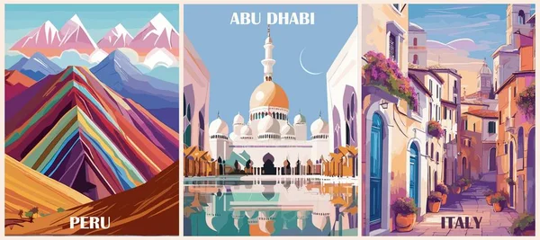 Set Travel Destination Posters Retro Style Peru Abu Dhabi United — Stock Vector