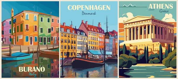 Набор Туристических Плакатов Стиле Ретро Бурано Италия Копенгаген Дания Афины — стоковый вектор