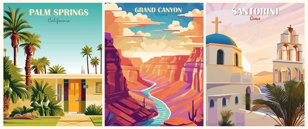 Набор Туристических Плакатов Стиле Ретро Palm Springs Калифорния Гранд Каньон — стоковый вектор