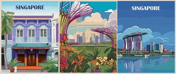 Набор Туристических Плакатов Стиле Ретро Сингапур Юго Восточная Азия Экзотический — стоковый вектор