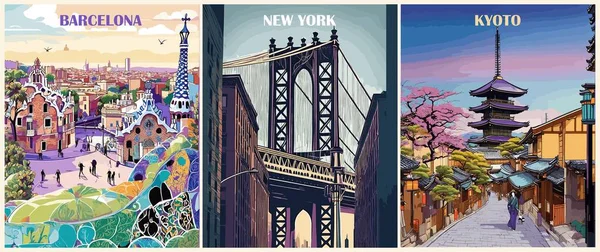 Набор Туристических Плакатов Стиле Ретро Барселона Испания Нью Йорк Сша — стоковый вектор