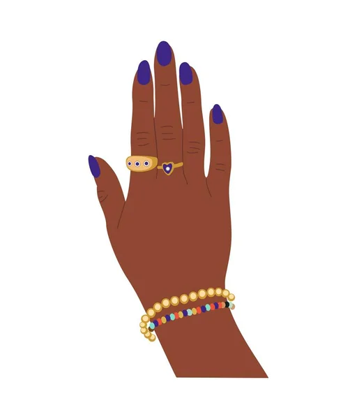 Schwarze Weibliche Hand Mit Leuchtend Blauer Maniküre Mit Goldenen Fingerringen — Stockvektor