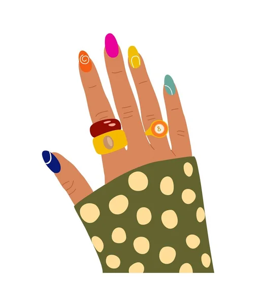 Женская Рука Ярким Цветным Маникюром Современным Видом Пальцы Сверху Лечение — стоковый вектор