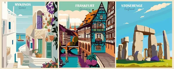 Conjunto Carteles Destino Viaje Estilo Retro Mykonos Grecia Frankfurt Alemania — Archivo Imágenes Vectoriales