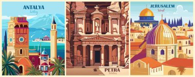 Set of Travel Destination Posters in retro style. Antalya, Turkey, Petra, Jordan, Jerusalem, Israel prints. Exotic summer vacation, international holidays. Vintage vector colorful illustrations. clipart