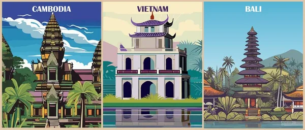 Συλλογή Αφισών Ταξιδιωτικών Προορισμών Ρετρό Στυλ Καμπότζη Βιετνάμ Μπαλί Ινδονησία — Διανυσματικό Αρχείο