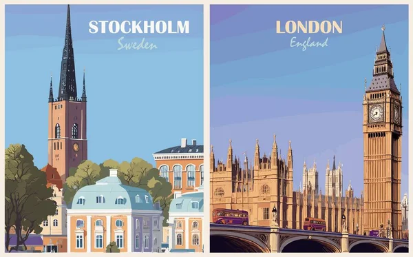 Συλλογή Αφισών Ταξιδιωτικών Προορισμών Ρετρό Στυλ Στοκχόλμη Σουηδία Λονδίνο Αγγλία — Διανυσματικό Αρχείο