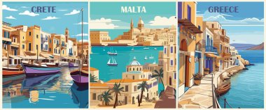 Geçmişe Yolculuk Gidiş Posterleri seti. Girit, Rethymno, Yunanistan, Valetta, Malta baskıları. Avrupa yaz tatili, tatil konsepti. Vintage vektör renkli çizimler.