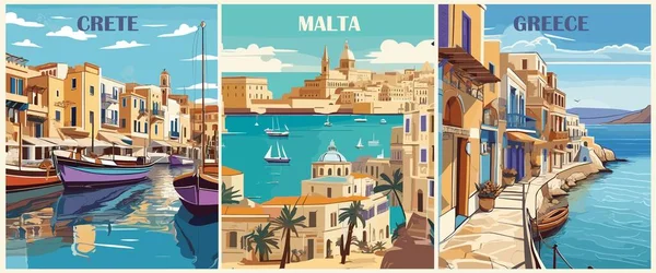 一套复古风格的旅游目的地海报 克里特岛 雷塞姆诺岛 瓦莱塔 马耳他印刷 欧洲暑假 度假的概念 古埃及矢量彩色插图 — 图库矢量图片