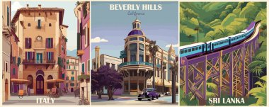 Geçmişe Yolculuk Gidiş Posterleri seti. Beverly Hills, California, ABD, Sri Lanka, İtalya baskıları. Egzotik yaz tatili, uluslararası tatil kavramı. Vintage vektör renkli çizimler
