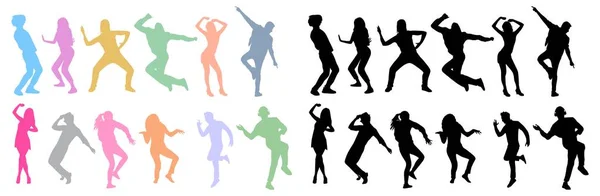 Tanzende Menschen Silhouetten Schwarz Und Bunt Jugendliche Junge Mädchen Und — Stockvektor