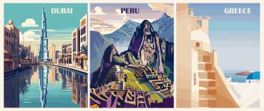 Seyahat Varış Yeri Posterleri. Dubai, Birleşik Arap Emirlikleri, Machu Picchu, Peru, Santorini, Yunanistan baskıları. Egzotik yaz tatili, uluslararası tatil kavramı. Vektör renkli çizimler.