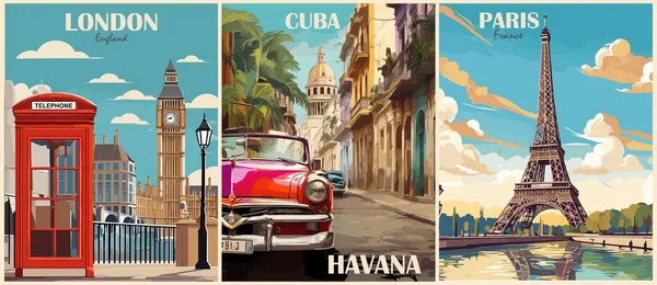 レトロスタイルの旅行先ポスターのセット ロンドン イギリス キューバ ハバナ フランス ヨーロッパの夏休み 国際的な休日コンセプト ヴィンテージベクターカラフルなイラスト — ストックベクタ