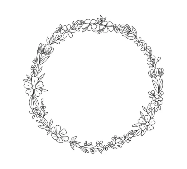 Hand Drawn Wild Flowers Wreath Line Art Vector Illustration Isolated — Stock Vector