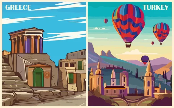 Állítsa Travel Destination Plakátok Retro Stílusban Kréta Görögország Kappadocia Törökország — Stock Vector