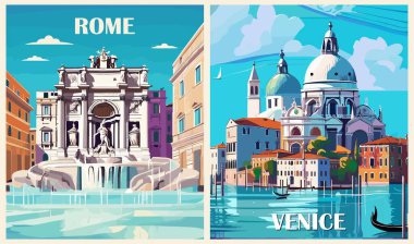 İtalya Seyahat İstikamet Posterleri seti. Roma, Venedik, İtalya baskıları. Avrupa yaz tatili, tatil konsepti. Vintage vektör renkli sanat illüstrasyonları.