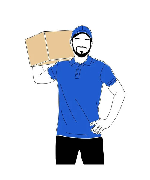 Concept Service Livraison Illustration Vectorielle Homme Boîte Maintien Uniforme Bleue — Image vectorielle