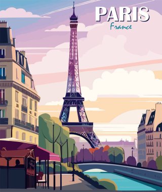 Paris, Fransa Seyahat Varış Yeri posterleri eski moda. Paris akşam şehir manzarası Eifel Tower baskısı. Avrupa yaz tatili, tatil konsepti. Vintage vektör renkli sanat illüstrasyonları.