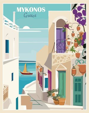 Mykonos Adası, Yunanistan Seyahat Varış Yeri Posteri. Avrupa yaz tatili, Akdeniz bayramı konsepti. Vintage vektör renkli sanat illüstrasyonları.