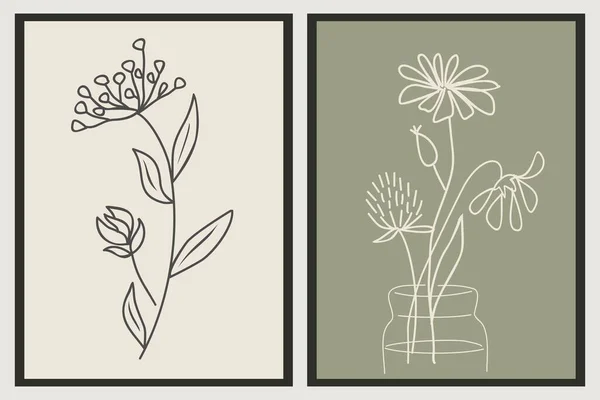 現代のセージグリーンの色の抽象的な植物ラインアートデッサンのセット トレンドグリーン 小さな野生の花 葉は手描きのスケッチコレクション タトゥー ウォールアートベクターデザイン — ストックベクタ