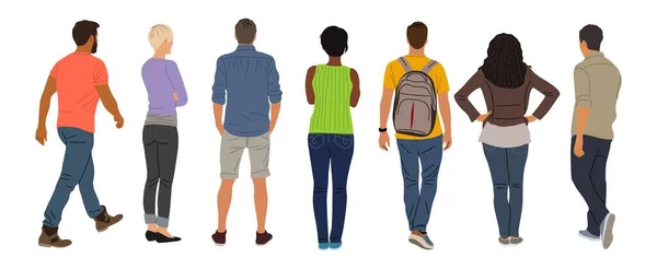 立って歩くさまざまな人々のセット 男性と女性の漫画キャラクター カジュアルストリートファッション服リアビューベクターイラストが白い背景に分離 — ストックベクタ