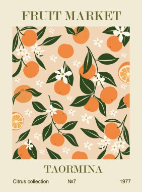 Soyut Meyve Pazarı Taormina retro posterinde portakal, çiçek ve yapraklar var. Moda çağdaş duvar sanatı. Modern, saf, modaya uygun iç dekorasyon, resim. Vintage vektör illüstrasyonu.