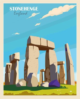 Stonehenge, İngiltere Seyahat Varış Yeri Posteri. Avrupa yaz tatili, tatil konsepti. Vintage vektör renkli illüstrasyon.