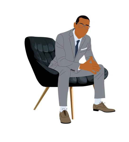 商人坐在办公室扶手椅上 英俊的商人穿着正式的浅灰西装打领带 卡通男主角 在白色背景上孤立的矢量真实感说明 — 图库矢量图片