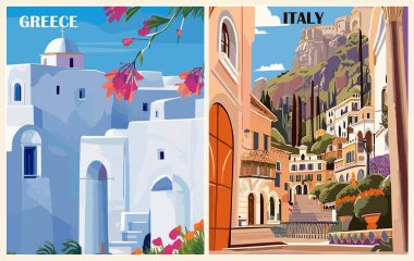 Yunanistan, İtalya Seyahat İstikamet Posterleri seti. Santorini, Yunanistan, Taormina, Sicilya, İtalya baskısı. Avrupa yaz tatili, tatil konsepti. Vintage vektör renkli sanat illüstrasyonları.