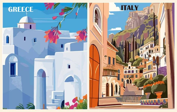 集希腊 意大利旅游目的地海报为复古风格 Santorini Greece Taormina Sicily Italy Print 欧洲暑假 度假的概念 — 图库矢量图片