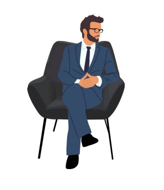 Ofis koltuğunda oturan bir iş adamı. Resmi takım elbise, kravat ve gözlük takan yakışıklı sakallı bir iş adamı. Çizgi film karakteri. Beyaz arkaplanda izole edilmiş vektör gerçekçi illüstrasyon.