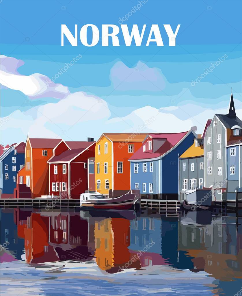 Norway Travel Destination Poster in retro style. European summer vacation, international holidays concept. Vintage vector colorful art illustration landscape scene.