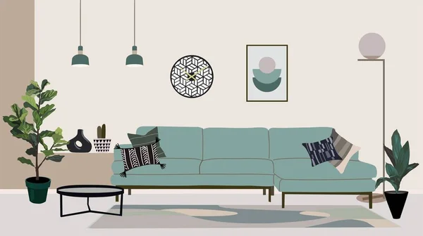 ミニマルなスカンジナビアスタイルのモダンなリビングルームのインテリアデザイン ベージュとティールカラー ソファ コーヒーテーブル 家の植物 ランプが付いている居心地の良いアパート フラット ベクターのイラスト — ストックベクタ