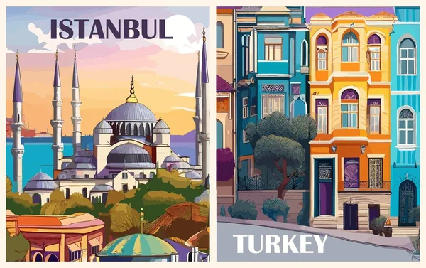 イスタンブールのセット トルコの旅行先のポスター レトロスタイル ヨーロッパの夏休み 国際的な休日コンセプト ヴィンテージベクターカラフルなアートイラスト — ストックベクタ