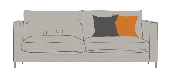 Stylish Comfortable Gray Sofa Pillows Mid Century Modern Furniture Interior — Stock Vector